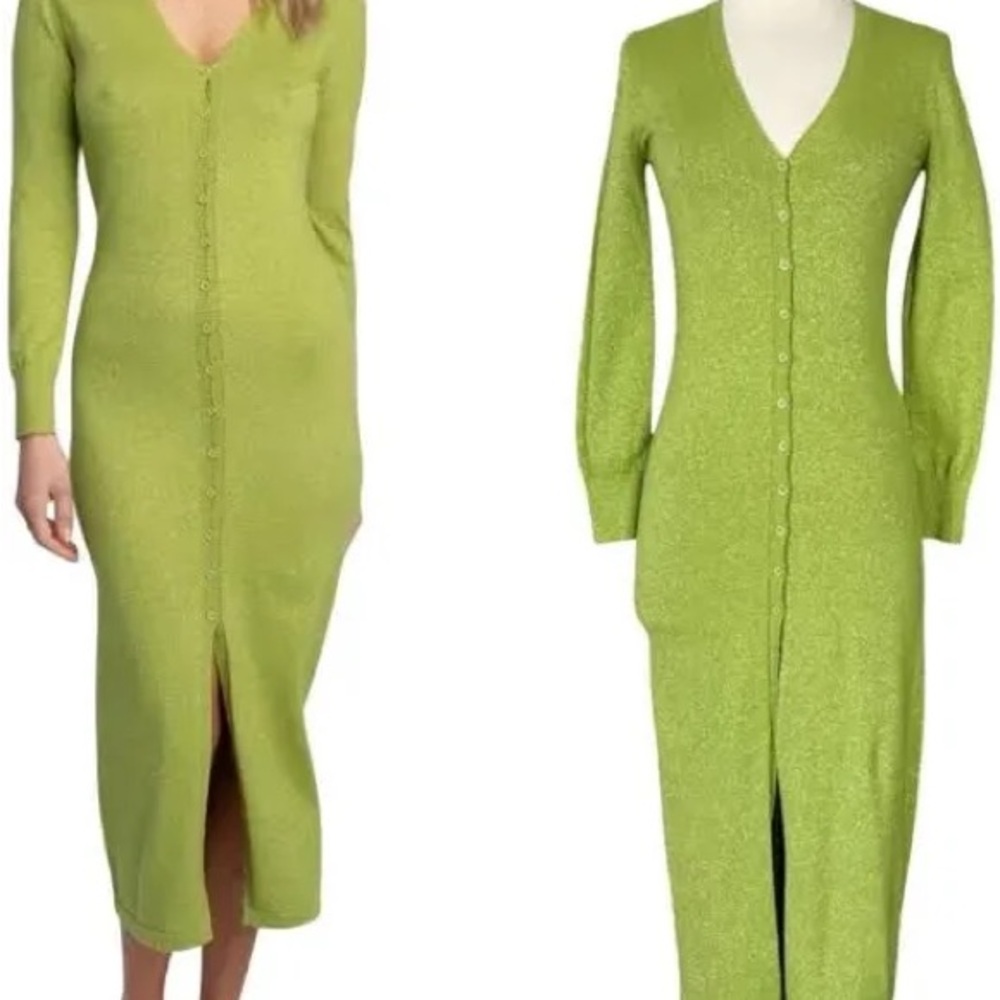 RESA | Revolve Lime Green Sparkle Knit Button Long Sleeve Midi Sweater Dress - S
